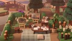 a living room filled with lots of furniture next to trees and flowers in front of a bridge