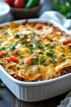 a casserole dish with cheese, tomatoes and tortilla chips in it