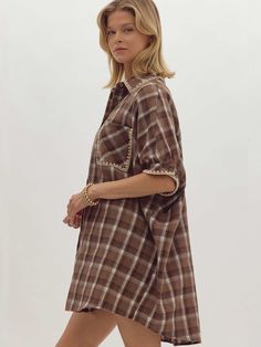 Stay cozy and stylish this fall with our oversized plaid flannel trimmed mini dress. Featuring a classic button-up shirt dress design, this piece is elevated with trim on the collar, half sleeves, and front pocket, giving it a warm, seasonal touch. The relaxed fit makes it perfect for layering or wearing solo for an effortlessly chic look. Available in rich olive and mocha tones, this dress is a must-have for fall outings. Available in olive and mocha. SIZE & FIT Model is 5'10" and wearing a siz Black Date Night Outfit, Fall Outings, Black Dating, Nashville Style, Bride Accessories, Platform Sandals Heels, Playsuit Romper, Summer Knitting, Stay Cozy