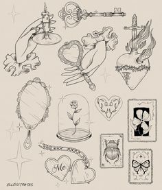 an ink drawing of various items from the disney movie, including tattoos and other things