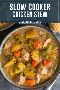 slow cooker chicken stew in a bowl with carrots and celery