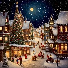 a painting of a christmas town with people and a tree in the snow at night