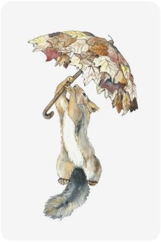 a painting of a squirrel holding an umbrella