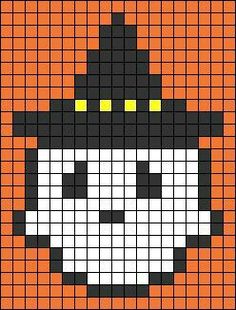 an orange and black cross stitched pattern with a pumpkin on the bottom, which looks like a witch's hat