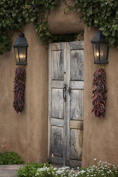 an old door with two lights on it and ivy growing up the side of it