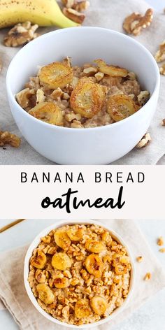 banana bread oatmeal in a white bowl on top of a napkin next to bananas