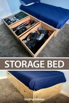 an image of a bed with drawers underneath it and the words storage bed above it