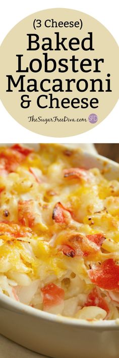 baked lobster macaroni and cheese in a white casserole dish with text overlay