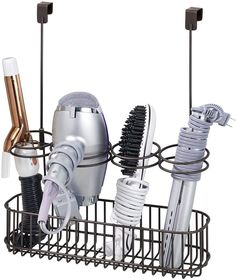 the hair dryer and other items are in a wire basket with two hairdryers