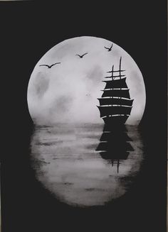 a black and white photo of a ship in the ocean with birds flying around it