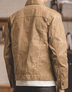 American Retro Yellowstone Canvas Oil Wax Men's Coat | Harmony Gallery Rugged Khaki Long Sleeve Outerwear, Rugged Khaki Outerwear For Fall, Masculine Winter Outerwear With Pockets, Beaded Canvas, American Casual Style, Waxed Canvas Jacket, Wax Man, Jean Jacket Men, Work Coat