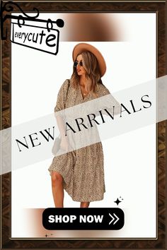 Khaki Leopard Print V Neck Long Sleeve Dress V Neck Long Sleeve Dress, Black Spot, Mini Dresses, Women Dresses, Women's Fashion Dresses, Sleeve Dress, Dresses Midi, Dresses Mini, Leopard Print