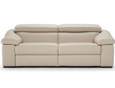 a white leather couch with two reclinings on the back and one arm facing forward