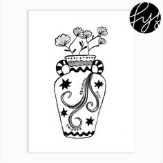 a black and white drawing of a vase with flowers in it's bottom half