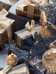 many presents are wrapped in blue and gold paper