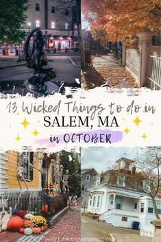 Bewitched statue, orange leaves on the sidewalk, fall decor on historic home, Hocus Pocus House Boston Vacation, Boston Travel