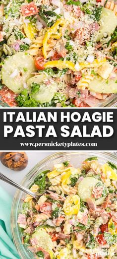 this italian pasta salad is loaded with fresh vegetables, meats and cheese it's ready to be eaten