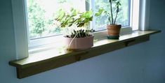 two potted plants are sitting on a window sill