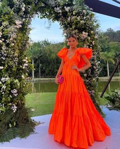 Long Ruffle Dress Formal, Wedding Guest Summer Dress, Funky Formal, Orange Prom Dress, Orange Prom Dresses, Elegant Party Dress, Prom Dresses Elegant, Pregnancy Photo, 파티 드레스