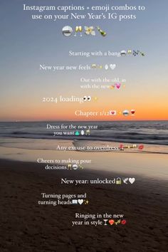 the new year's greeting card is displayed on a beach with an ocean and sky background