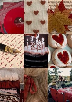 a collage of photos with hearts, candles, and other things on it including a red car