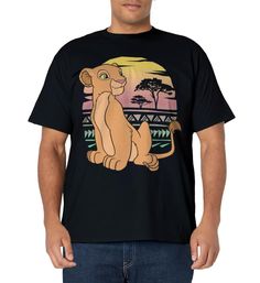 a man wearing a black t - shirt with a cartoon lion on it's chest