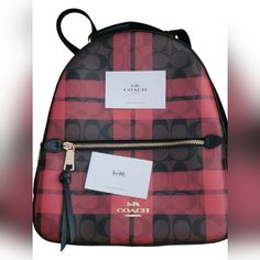 Coach Jordyn Backpack Red Plaid Signature Coach Jordyn Backpack Red Plaid Signature Coated Canvas And Crossgrain Leather Inside Zip Pocket Zip Closure, Fabric Lining Top Handle With 2" Drop Outside Zip Pocket Adjustable Shoulder Straps 10 1/2" (L) X 12 1/4" (H) X 3 3/4" (W) Style No. F80056 Coach Backpack Jordyn, Coach Jordyn Backpack, Bags Coach, Red Plaid, Coach Bags, 4 H, Top Handle, Shoulder Straps, Zip Pockets