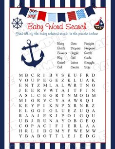 a baby word search with an anchor and boat in the background on a blue and white striped