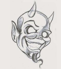 a drawing of a demon with horns and fangs on it's head is shown