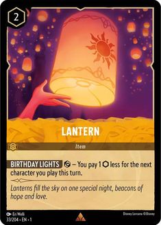 a card with an image of a lantern in the sky and text that reads, birthday lights you play this turn 1 less for the next