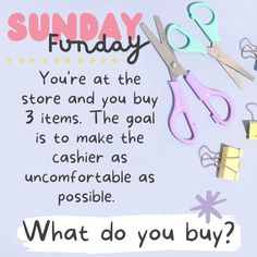 some scissors are sitting on top of a table with the words sunday fund day written below it