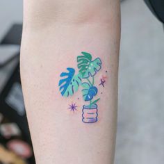 a person with a green and blue tattoo on their arm is holding a small potted plant