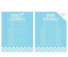 the word scramble game is shown in blue and white with chevrons on it