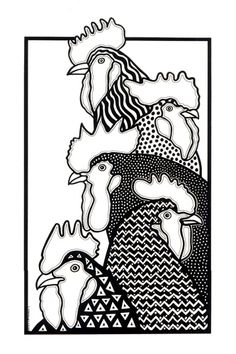 a black and white drawing of roosters in a frame with an abstract pattern on it