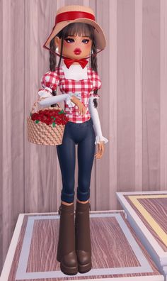 a doll is holding a basket and wearing boots