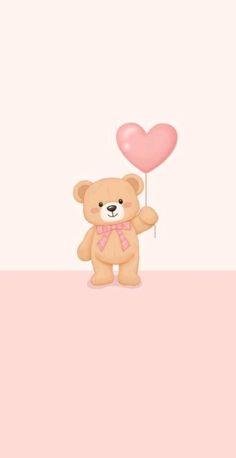 a teddy bear holding a heart shaped balloon in its hand, on a pink background