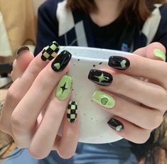 Stripy Nail Designs, Edgy Nails Grunge Street Styles, Goth Aesthetic Nails, Green Day Nails, Scenecore Nails, Cute Nail Art For Short Nails, Emo Short Nails, Nail Gel Polish Design, Grunge Aesthetic Nails