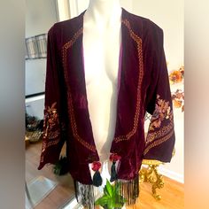 Embroidered Velvet Lepal Jacket With Fringe Traditional Long Sleeve Velvet Outerwear, Boho Velvet Jacket, Traditional Velvet Long Sleeve Outerwear, Winter Embroidered Velvet Outerwear, Velvet Kimono Jacket Anthropology, Jacket With Embroidery, Embroidered Velvet, Velvet Jacket, Womens Sizes