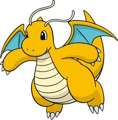 a yellow dragon with blue wings flying through the air and looking to its left side