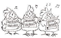 three cartoon birds with musical notes on their heads