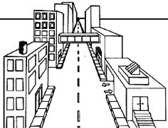 a black and white line drawing of a city street with buildings on both sides, cars driving down the road