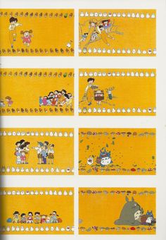 an image of children playing in the park with birds and chickens on yellow paper background