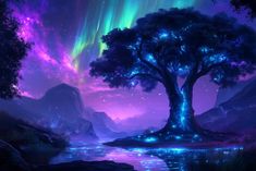 a tree with glowing lights in the sky next to a river under a purple and blue sky