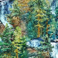 a painting of trees, rocks and water