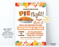 a flyer for a pie night with autumn leaves