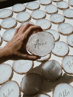 a person holding up a piece of paper with the word's name on it