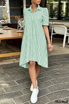 Olivia Mark – Moderno Vestido Camisero de Rayas Verde Claro con Cuello vuelto Casual – Olivia Mark Español