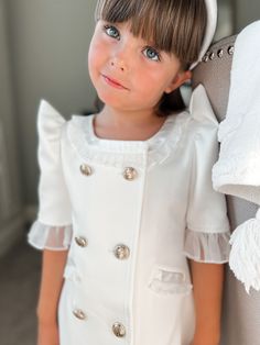 White Tuxedo Dress – Petite Maison Kids Chic Formal Dresses With Gold Buttons, Elegant Formal Sets With Ruffles, Classic Party Sets With Buttons, Elegant Ruffled Baptism Dress For Party, Elegant Ruffled Sets For Party, Formal Fitted Dress With Gold Buttons, White Formal Dresses With Button Closure, Elegant Fitted Dresses With Gold Buttons, Elegant Party Dresses With Gold Buttons