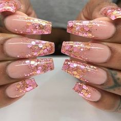 Gold Glitter Nails, Pink Acrylic Nails, Coffin Nails Designs, Nail It, Acrylic Nails Coffin, Best Acrylic Nails, Gorgeous Nails, Flower Nails