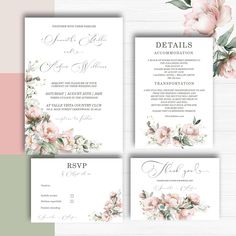 wedding stationery set with pink flowers and greenery